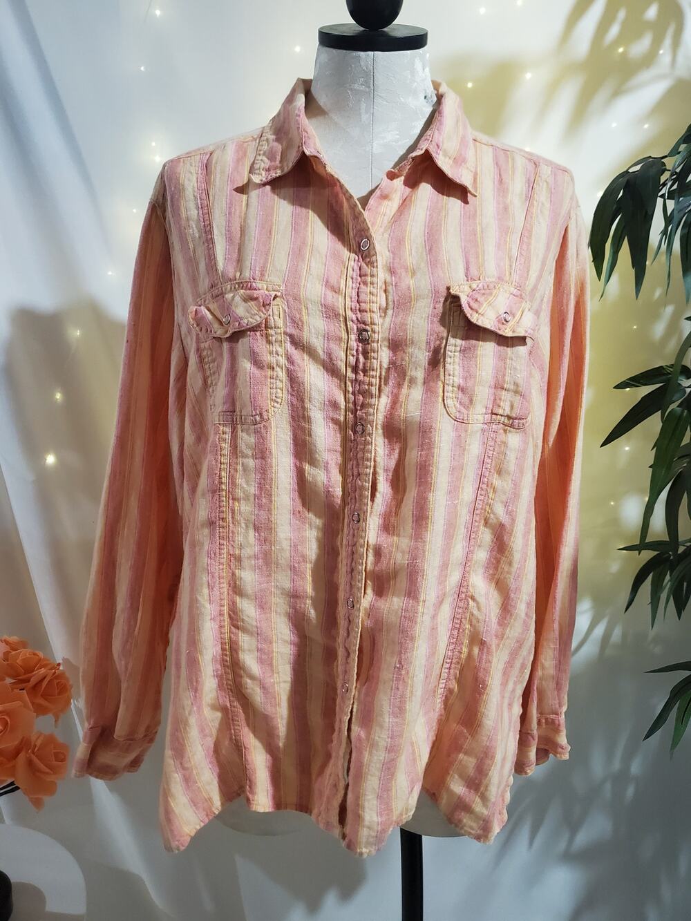 Chicos Vtg Linen Striped Snap Shirt Womens Size 3 US XL 16 Beach Sunset Orange